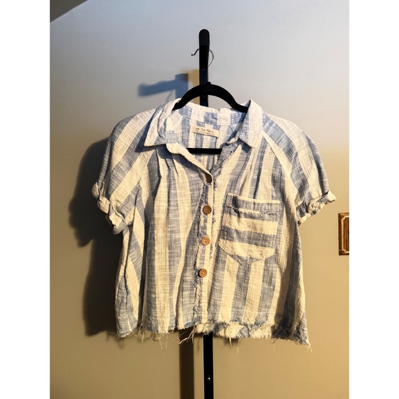 We The Free Tops - We The Free Free People Striped Button Down Shirt Blue White Linen Blend Large